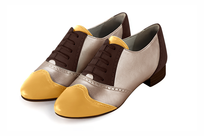 Mustard yellow, tan beige and dark brown women's fashion lace-up shoes. Round toe. Flat leather soles. Front view - Florence KOOIJMAN